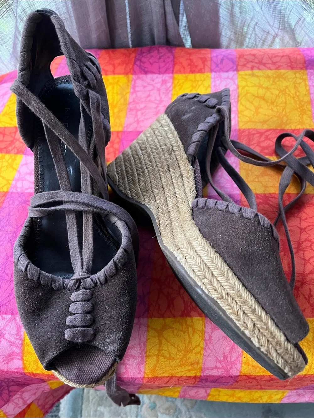 Women’s Brown Suede Espadrille Wedge Sandals with Ankle Tie